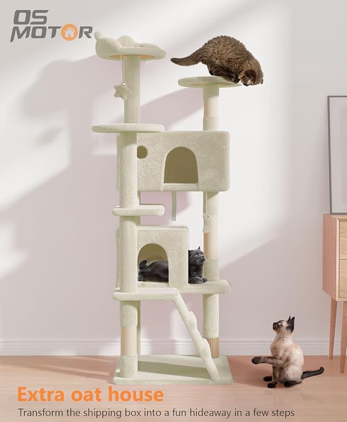 60'' Cat Tree Tower for Indoor Cats Large Adult,Cute/Tall Modern Cat Tree for Big Cats 20 lbs, Plush Multi-Level Cat Condo with Scratching Posts, Dangling Ball Indoor (Beige, 60 inch)-Mewly Pet