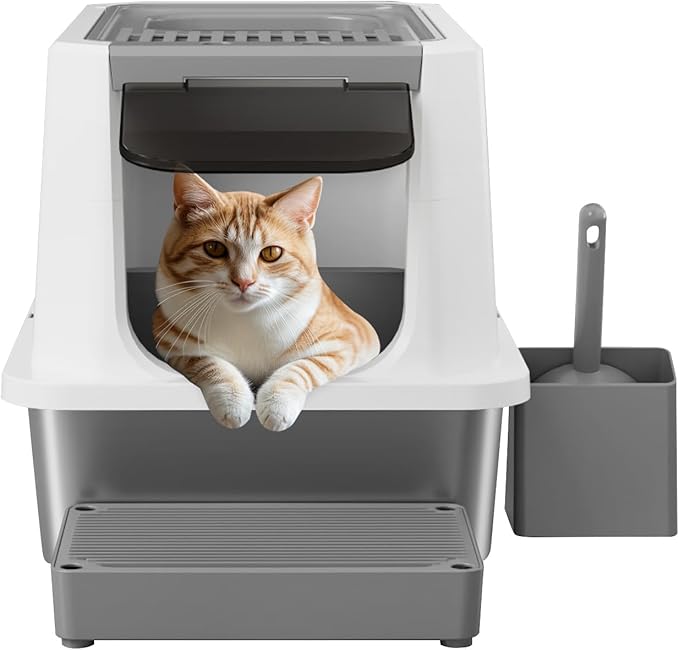 RIZZARI Stainless Steel Cat Litter Box, Odorless Enclosed Litter Box with Top Holes, Large Litter Pan for Small to Large Sized Cats (Dark Gray, 23.8" L*15.9" W*16.1" H)-Mewly Pet