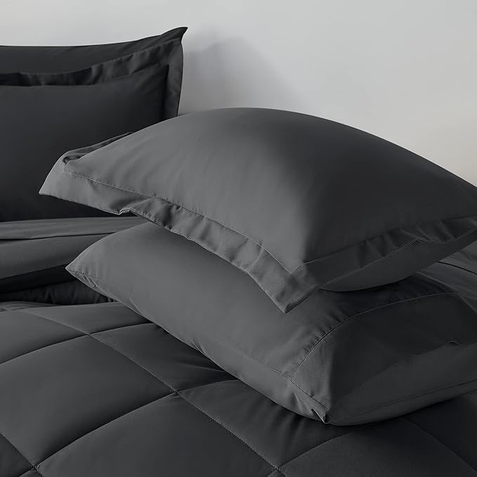 CozyLux Full Size Comforter Sets Dark Grey - 7 Pieces Bed in a Bag Full, Luxury Soft Bed Set for All Seasons, Bedding Set with Down Alternative Comforter, Sheets, Pillowcases & Shams