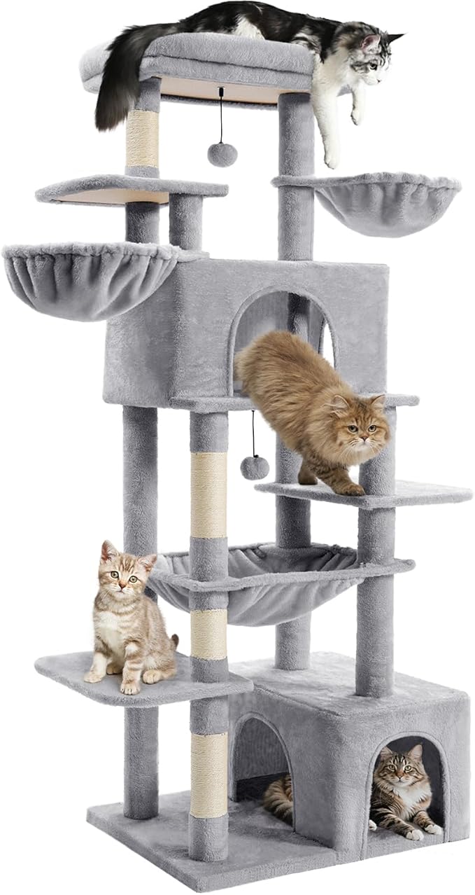 Cat Tree Large Cat Tower Tree 68" Multi-Level Cat Tower for Indoor Cats with Sisal Scratching Posts, Widen Cat Perche, Square Hammock, 2 Widen Condos, Scratching Posts, Light Grey-Mewly Pet