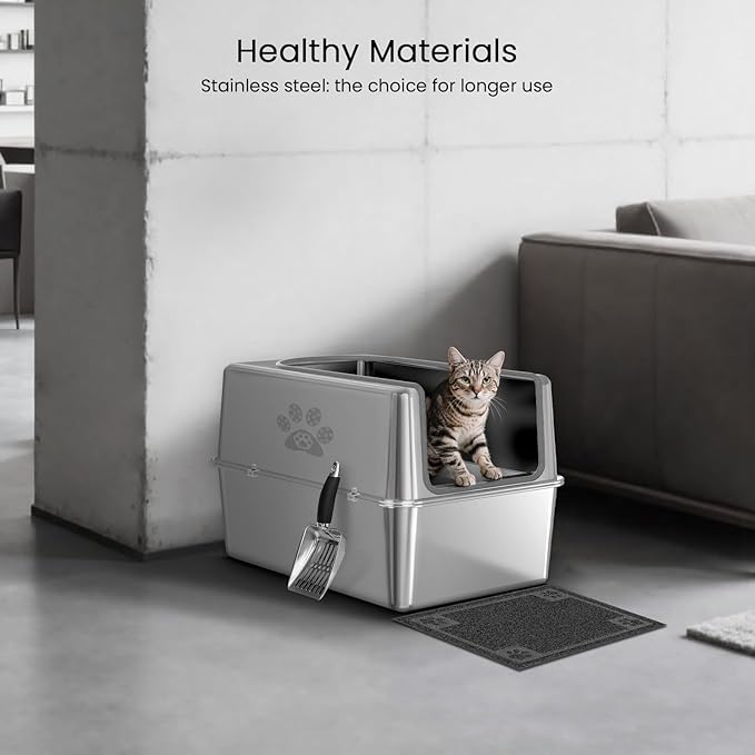 Enclosed Stainless Steel Cat Litter Box with Lid, Metal Litter Box for Big Cats, Extra Large Cat Toilet with High Side, Non-Stick, Anti-Leakage, Odorless, with Cats Litter Mat & Litter Scoop-Mewly Pet