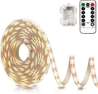 echosari Battery Powered Led Strip Lights with Remote Warm White, 8 Modes, Dimmable, Timer, Self-Adhesive, Cuttable, Waterproof, 9.8FT 90Led Strip Lights for TV Kitchen Cupboard Bedroom Decor
