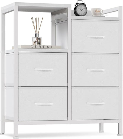 Furnulem 5 Drawer White Dressers for Bedroom 2 Tier Shelf Storage Small Fabric Dresser for Closet Sturdy Metal Frame Modern Style Storage Cabinets Organization Units for Hallway Rooms