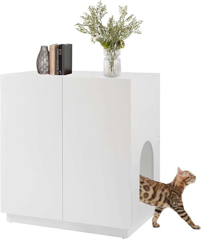 unipaws Tall Cat Litter Box Enclosure with Shelves, Hidden Litter Box Cover for Tall or Top Entry Litter Box, Kitty Enclosed Litter Box Cabinet, Cat Box Furniture， White-Mewly Pet