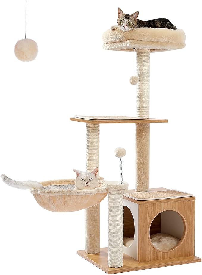 PEQULTI Cat Tree Modern Cat Tower for Indoor Cats,Multilevel Cat Play House with Large Condo, Spacious Hammock, Cozy Top Perch,Scratching Post and Dangling Balls-Mewly Pet