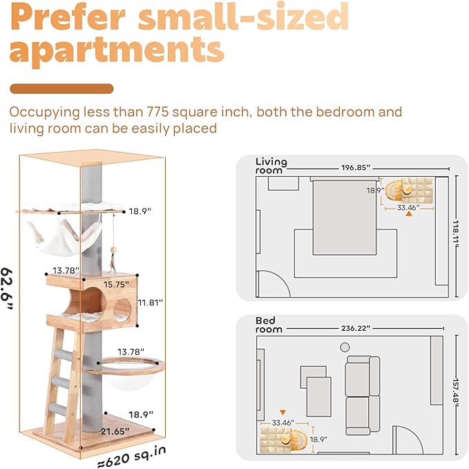 63-inch Modern Cat Tree, Luxury Cat Tower with Scratching Post, Unique Cat Condo with Hammock, Heavy Duty Kitty Climbing Tree for Indoor Cat, Wooden Kitty House for Small Medium Large Cats-Mewly Pet