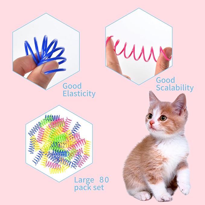 Cat Spring Toys 80 Pack, Colorful Plastic Coils Cat Kitten Spiral Spring Interactive Cat Toy for Swatting, Biting, Hunting-Mewly Pet