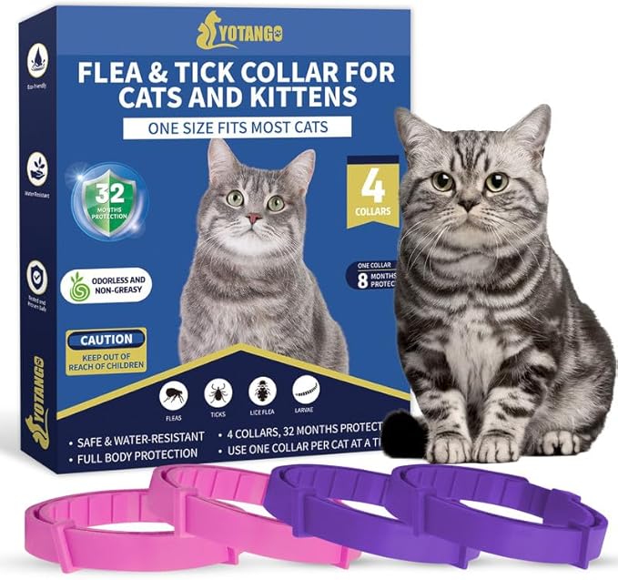 4 Pack Flea Collar for Cats, 32 Months Flea and Tick Prevention for Cats, Waterproof Cat Flea Collar, Natural Cat Flea and Tick Treatment, Adjustable Flea and Tick Collar for Cats Kittens(Pink&Purple)-Mewly Pet