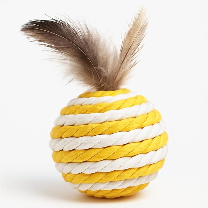 Ball for cat with Feathers - Balls for Cats – Natural Toy for Indoor Cats – Eco-Friendly, Durable, Interactive Play Balls for Kittens – Pet-Safe Chew & Scratch Toys (Yellow)-Mewly Pet