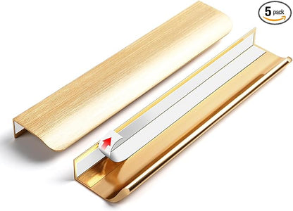 5 Pack 8 inch self Adhesive Cabinet pulls Adhesive Cabinet Handles Gold Drawer Edge pulls Stick on Handles for Cabinet Finger pulls for Cabinet Drawer Handles Seam