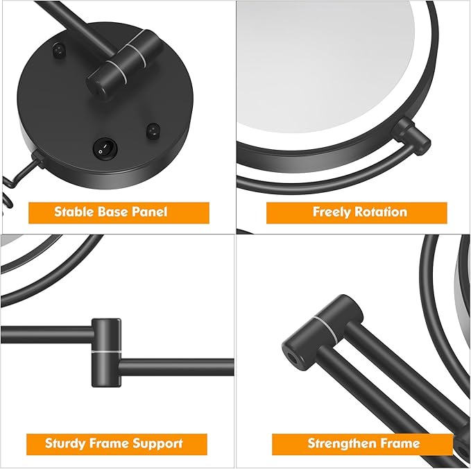 FASCINATE Upgraded Wall Mounted Makeup Mirror with Lights, Super Large Double Sided 1X/10X Magnifying Mirror for Bathroom, 360° Swivel Extendable Plug Touch Sensor Vanity Mirror