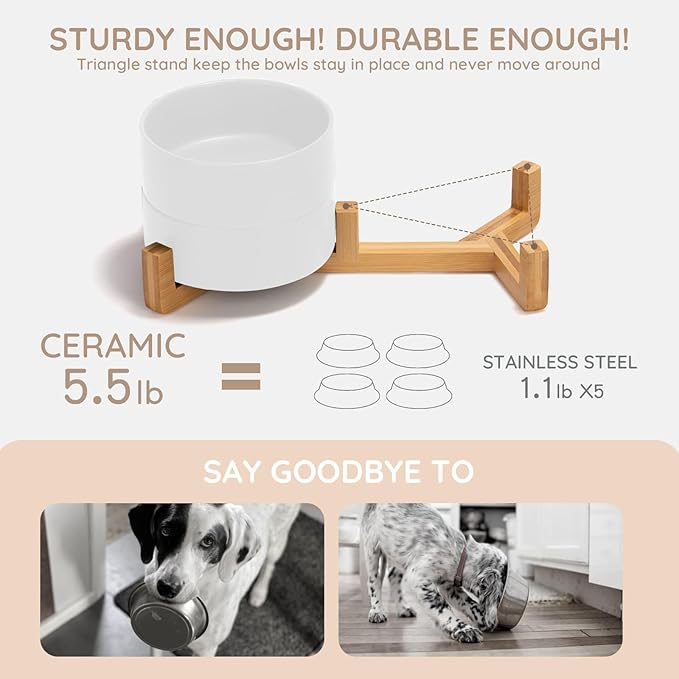SPUNKYJUNKY Ceramic Dog and Cat Bowl Set with Wooden Stand, Modern Cute Weighted Food Water Bowl Set for Medium to Large Size Dogs (42 OZ, 2 × White)-Mewly Pet