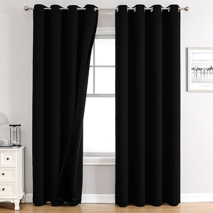ChrisDowa 100% Blackout Curtains 80 inch Long for Bedroom with Black Liner, 2 Thick Layers Total Blackout Thermal Insulated Grommet Window Curtains 2 Panels Set (Black, 52 x 80 Inch)