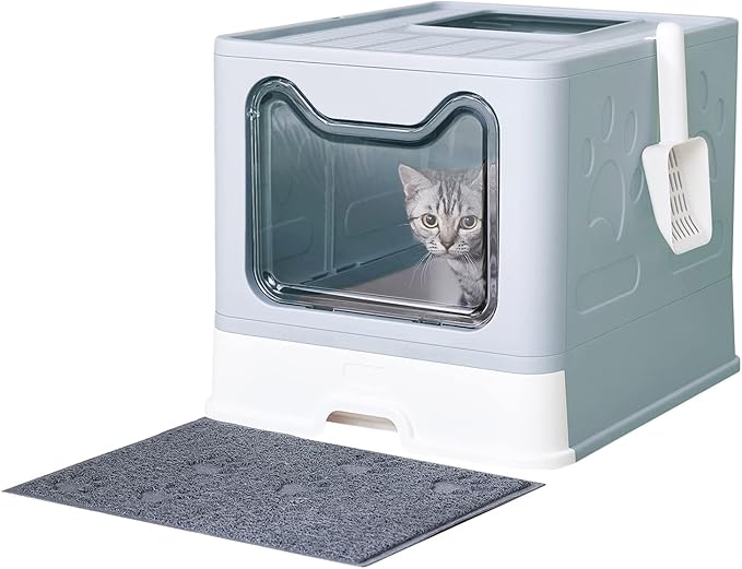 Cat Litter Box with Litter Mat and Scoop, Large Foldable Litter Box with Lid, Front Entry Top Exit Kitty Box, Odor Control, Easy to Clean (Blue)-Mewly Pet