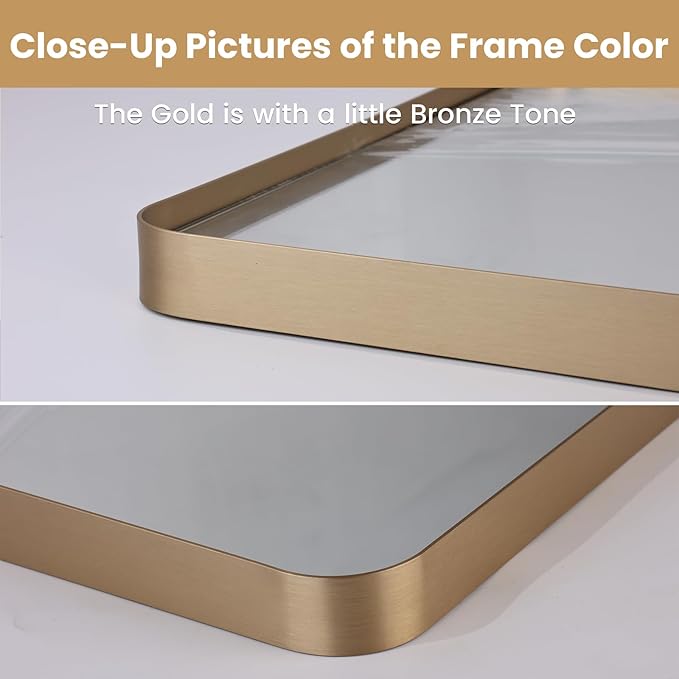 LOAAO 28”X36” Gold Bathroom Mirror, Rounded Rectangle Gold Frame Mirror, Brushed Gold Bathroom Vanity Mirror Wall-Mounted, Anti-Rust, Hangs Horizontally or Vertically