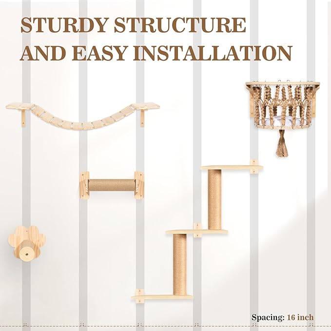 Cat Wall Shelves and Perches, Wall Mounted Cat Furniture with Hammock, Bridge, Tree, Steps and Scratching Posts, Wooden Climbing System for Indoor Large Cats and Kittens-Mewly Pet