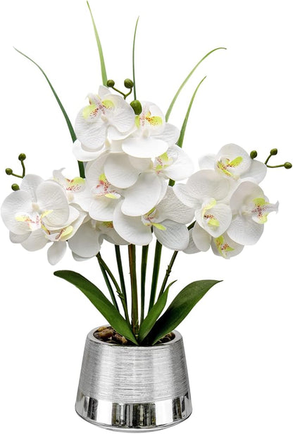 Artificial White Phalaenopsis Orchid Flower Arrangements Faux Orchid Flower in Silver Pot Orchid Centerpiece for Dining Room Table