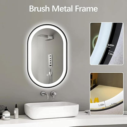 Niccy Oval LED Mirror for Bathroom, 36x24 Front Lit + Backlit Vanity Mirrors with Light Anti-Fog, Shatter-Proof, 3 Colors, Makeup Mirror with Black Frame (Horizontal/Vertical)