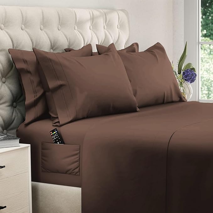 DREAMCARE Queen Sheet Set – 6 pcs Cooling Bed Sheets – up to 15” Deep Sheets Queen Size Bed Set – 2500 Supreme Collection –Extra Soft 100% Brushed Microfiber Hotel Luxury with Side Pocket –Mocha Brown