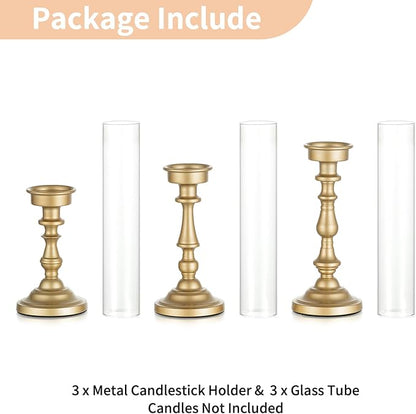 NUPTIO Hurricane Candle Holder for Centerpiece: Set of 3 Gold Candlestick Holders with Glass Shade - Vintage Taper Candleholder for Christmas Dining Table Fireplace Mantle Decor