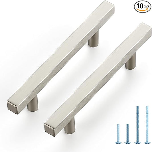 JOY DECOR 10 Pack 3-3/4 Inch Brushed Nickel Square Cabinet Handles Stainless Steel Cabinet Hardware Pulls for Kitchen and Drawers with 6 Inch Overall Length