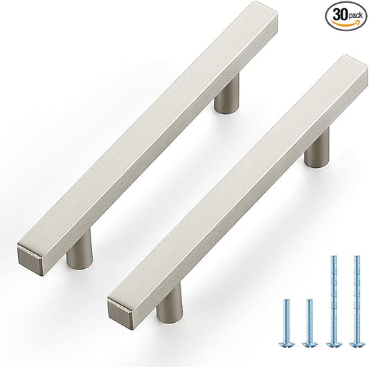 JOY DECOR 30 Pack 3-3/4 Inch Brushed Nickel Square Cabinet Handles Stainless Steel Cabinet Hardware Pulls for Kitchen and Drawers with 6 Inch Overall Length