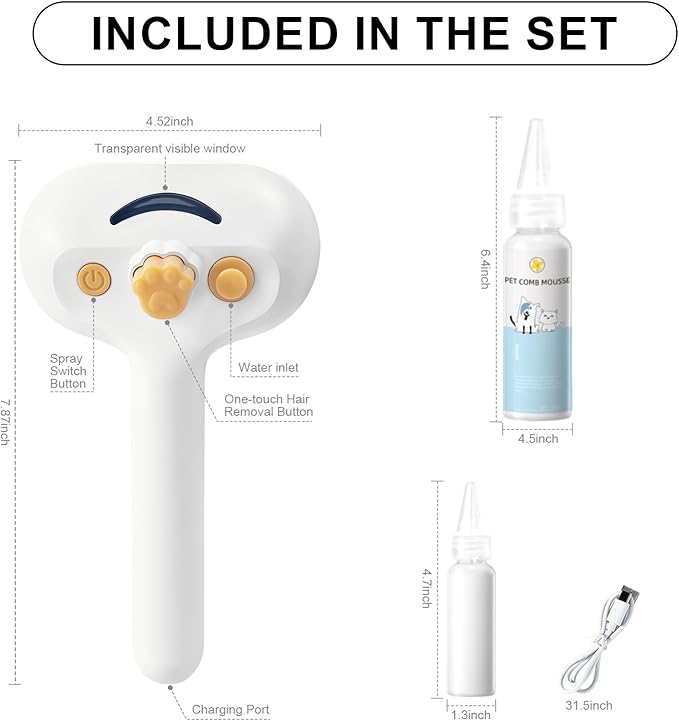 3-in-1 Pet Steam Brush Set for Dogs & Cats, Grooming Comb with Spray, Defur Tool, Water-Assisted Hair Removal, Gentle Cat & Dog Spritz Brush, Multi-Purpose Steam Grooming Kit-Mewly Pet