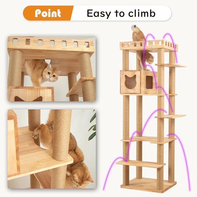 74" Wooden Cat Tree Tower for Large Cats, Multi-Level Cat Climbing Furniture with Scratching Posts, Cat Condo & Hammock, Natural Wood Cat Activity Center(Brown)-Mewly Pet