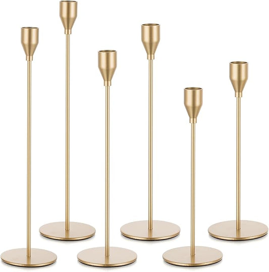 Gold Taper Candle Holders: Set of 6 Tall Candlestick Holder for Table Centerpiece Metal Candles Stick Holders Stand Wedding Decor