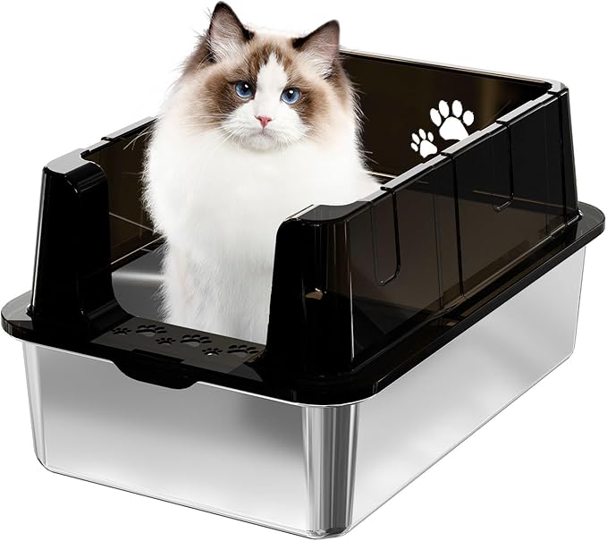 Sousia Stainless Steel Litter Box - Cat Litter Box Enclosure with Lid, High Side Large Cat Litter Tray Easy Cleaning Anti-Leakage with Litter Scoop and High Wall Sides Enclosure for Big Cats-Mewly Pet