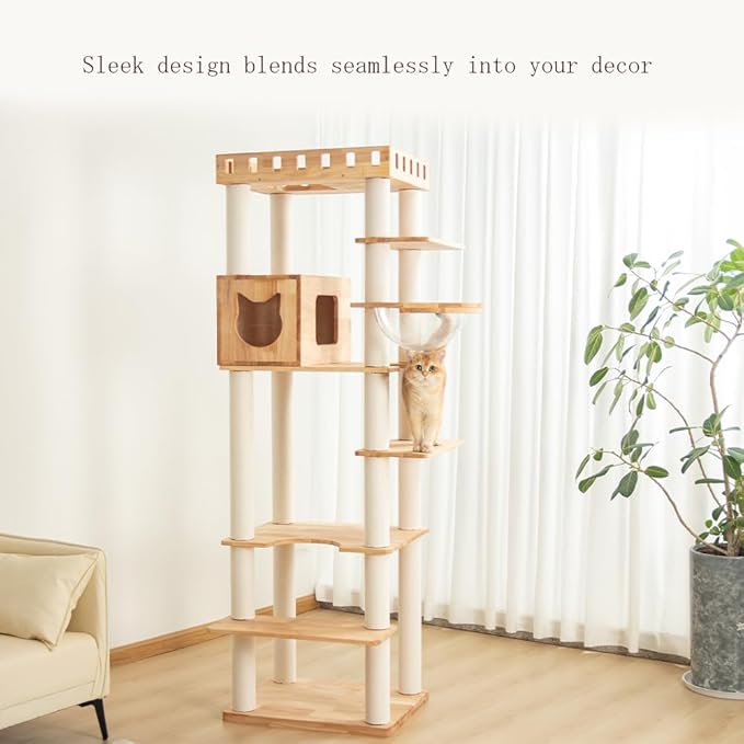 74.8" Wooden Cat Tree Tower for Large Cats, Multi-Level Cat Climbing Furniture with Scratching Posts, Cat Condo & Hammock, Natural Wood Cat Activity Center (White)-Mewly Pet