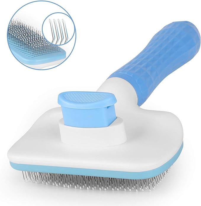 Self Cleaning Slicker Brush,Dog Brush & Cat Brush with Massage Particles,Removes Loose hair & Tangles,Skin Friendly & Promote Circulation-Blue 1-Mewly Pet