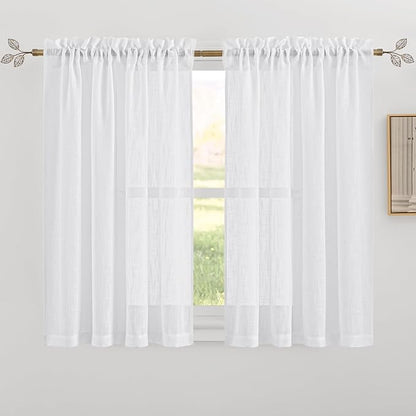 RYB HOME White Sheer Curtains for Kitchen, Light Filtering Textured Short Durability Drapes for Small Window, Curtain Tiers for Bathroom, W 42 x L 45 inches, 2 Panels Set