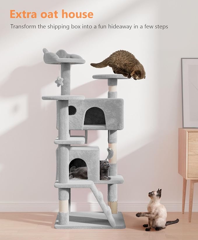 54" Cat Tree Tower for Indoor Cats Large Adult,Cute/Tall Modern Cat Tree for Big Cats 20 lbs, Plush Multi-Level Cat Condo with Scratching Posts, Dangling Ball for Fun (Light Gray, 54 inch)-Mewly Pet