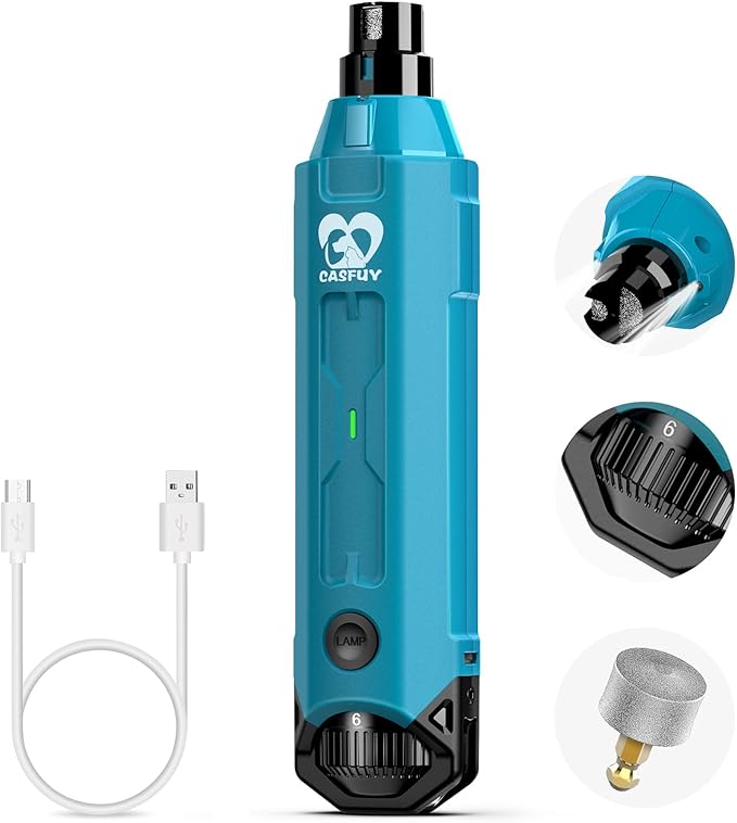 Casfuy 6-Speed Dog Nail Grinder - Newest Enhanced Pet Nail Grinder Super Quiet Rechargeable Electric Dog Nail Trimmer Painless Paws Grooming & Smoothing Tool for Large Medium Small Dogs (Bright Blue)-Mewly Pet