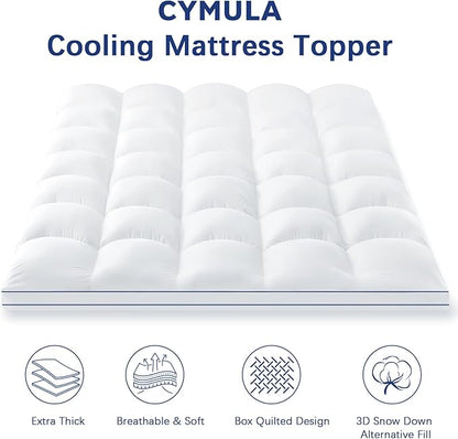 CYMULA Short Queen Mattress Topper, Cooling Bed Topper for Mattress, Thick Mattress Pad Cover Pillow Top Mattress Topper, Firm Plush Down Alternative Fill Protector