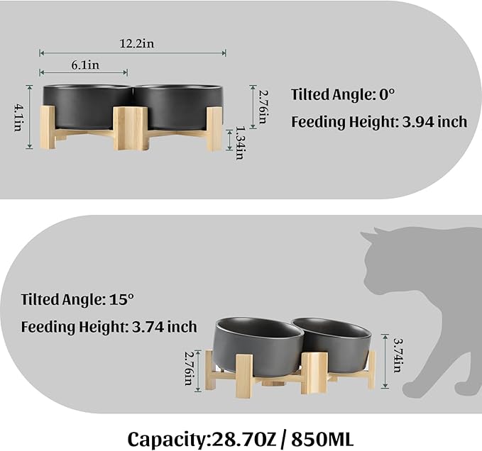 SPUNKYJUNKY 15° Slanted Ceramic Dog and Cat Bowl with Wooden Stand, Tilted Bulldog Food and Water Bowl No Slip Non-Spill for Cats Medium Dogs Big Face Pets 28.7 OZ (3.6 Cups, Black × 2)-Mewly Pet