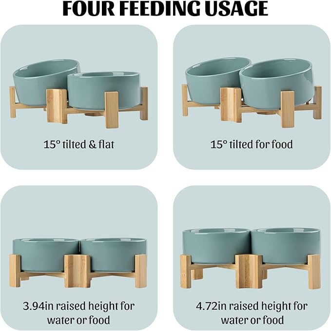 SPUNKYJUNKY 15° Slanted Ceramic Dog and Cat Bowl with Wooden Stand, Tilted Bulldog Food and Water Bowl No Slip Non-Spill for Cats Medium Dogs Big Face Pets 28.7 OZ (3.6 Cups, Light Green × 2)-Mewly Pet