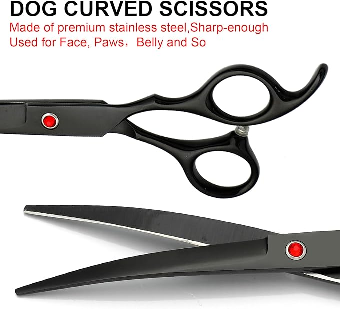 Professional Dog Grooming Scissors Set Stainless Steel Dog Grooming Kit - Thinning, Curved Scissors and Comb for Dog Cat Pet (Black 5 in1)-Mewly Pet