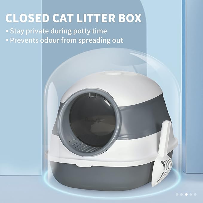 PawHut Cat Litter Box with Lid, Covered Litter Box w/High Sides, Air Freshener, Large Two-Way Entrance Kitty Toilet, Foldable, Easy Clean, White-Mewly Pet