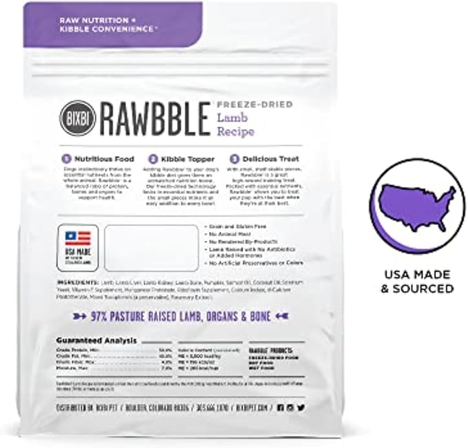 BIXBI Rawbble Freeze Dried Dog Food, Lamb Recipe, 4.5 oz - 97% Meat and Organs, No Fillers - Pantry-Friendly Raw Dog Food for Meal, Treat or Food Topper - USA Made in Small Batches-Mewly Pet