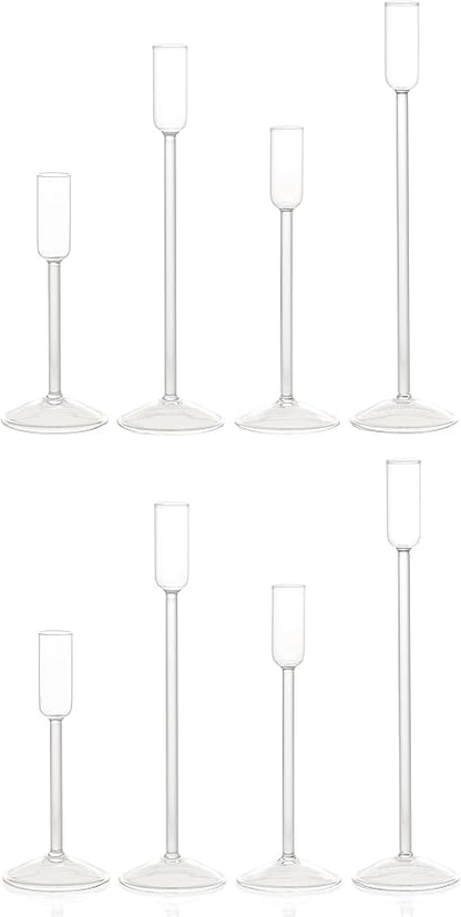Candle Holder, Glass Taper Candle Tall Candlestick Holder, 4 Different Heights, for Table Centerpiece, Wedding, Party, Clear, 8pcs