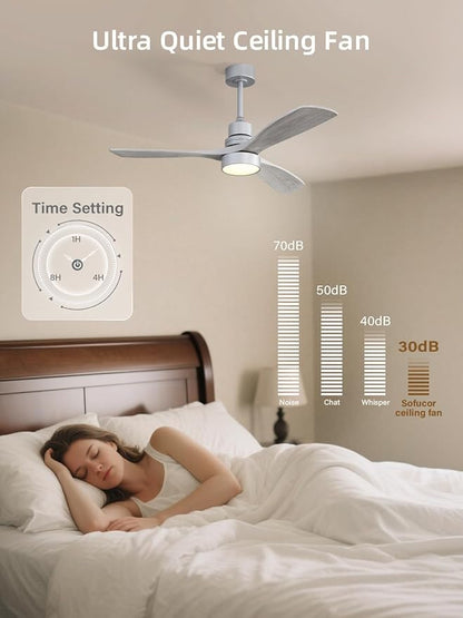 Sofucor 52 Inch Smart Ceiling Fans with Lights and Alexa/Google Assistant/APP/Remote Control-Modern Solid Wood Outdoor 3 Blades Ceiling Fan for Bedroom Living Room Indoor Farmhouse Patio, Silver Grey