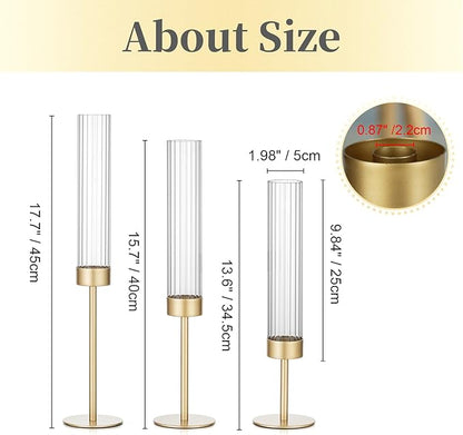 Hewory Gold Hurricane Candle Holders: Brass Candlestick Holders Set of 3 Tall Taper Candle Holders for Candlesticks Candle Sticks Holder Decor for Table Centerpiece Wedding Party Christmas Decorations