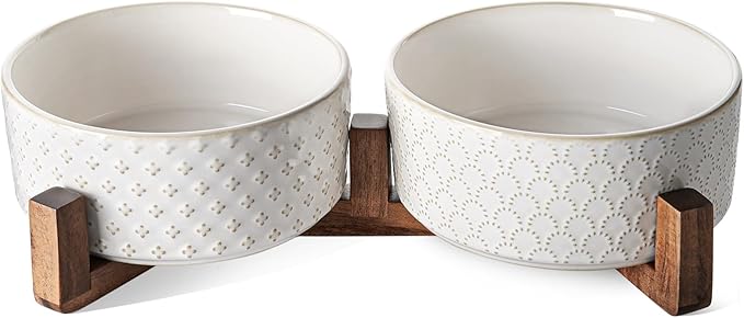 LE TAUCI Ceramic Dog Bowls with Acacia Wood Stand - 7 Inch Food & Water Set for Medium-Large Dogs - Weighted Pet Bowls-Mewly Pet