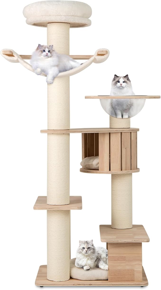Tangkula 69” Tall Cat Tree, Multi-Layer Wood Cat Tower with Scratching Posts, Perch, Condo, Space Capsule, Hammock, Washable Cushions, Modern Cat Tree Tower for Indoor Cats Large Adult-Mewly Pet