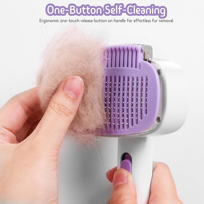 Self Cleaning Slicker Brush, 2-in-1 Cat Brush for Shedding, Skin Friendly Grooming Tool for Long & Medium-Long Hair Pets, Adjustable Bristle Length with Dematting Comb for Cats, Dogs (Purple)-Mewly Pet