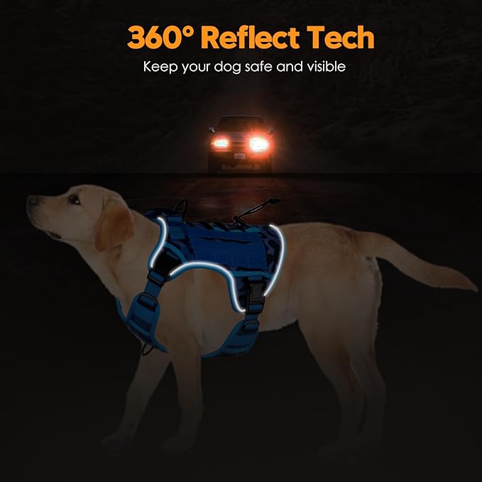 Heavy-Duty Tactical Dog Harness for Large Dogs, No Pull Adjustable Reflective Pet Vest with Molle System, K9 Military-Grade Control for Service Training, Outdoor & 10+ Breeds, Blue Camo, X-Large-Mewly Pet