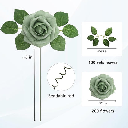 JOYLEX Artificial Flowers Realistic Roses, Real Looking Fake Roses with Stem for DIY Wedding Bouquets Centerpieces Bridal Shower Party Home Romantic Decorations (Elf Green, Regular 3" - 200pcs)
