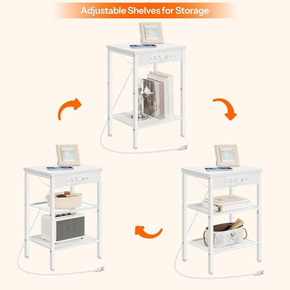 HOOBRO Side Tables Set of 2 with Charging Station and USB Ports, Small End Tables for Small Space, 3-Tier Nightstands with Adjustable Shelf, for Living Room, Bedroom and Balcony, White WW112BZP201